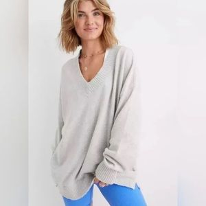 Aerie Gray Down To Earth V Neck Oversized Sweatshirt